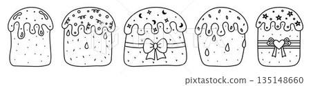 Black line Easter cake set. Traditional Eastern European Easter bread. Kulich with sugar glaze monochrome outline signs. Festive yeast baked dessert with icing and sprinkles, paska linear pictograms Black line Easter cake set. Traditional Eastern European Easter bread. Kulich with sugar glaze monochrome outline signs. Festive yeast baked dessert with icing and sprinkles, paska linear pictograms 135148660