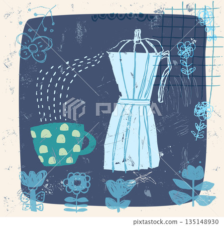 Mocha Coffee Pot and Cup Vector Illustration, Modern Poster with Doodle Art Print for Coffee Package Designs 135148930