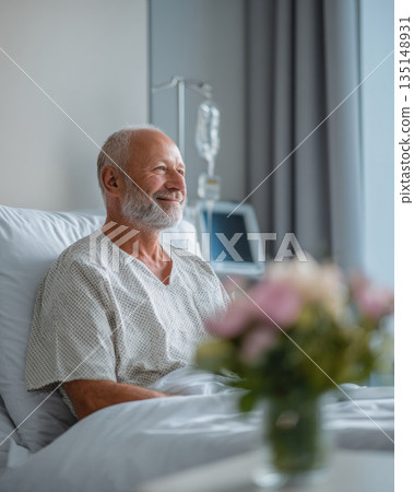 Elderly man with beard sitting in hospital bed wearing patient gown with medical equipment in background and flowers in foreground Elderly man with beard sitting in hospital bed wearing patient gown with medical equipment in background and flowers in foreground 135148931