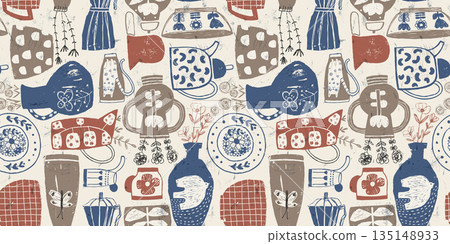 Hand painted pottery vector seamless pattern, boho organic ceramic shapes illustration of vases, clay bowls, mugs, tea and coffee pot, modern background in earthy colors Hand painted pottery vector seamless pattern, boho organic ceramic shapes illustration of vases, clay bowls, mugs, tea and coffee pot, modern background in earthy colors 135148933