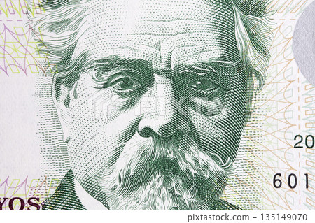 Juan Zorrilla de San Martin a closeup portrait from Uruguayan money Juan Zorrilla de San Martin a closeup portrait from Uruguayan money 135149070