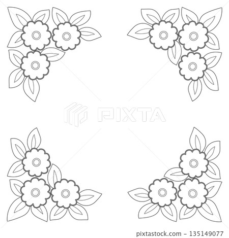 Square floral frame with place for text, photo, etc. Wreath of flowers. Monochrome flowers and leaves. Florals coloring page. Greeting card design of flowers 135149077