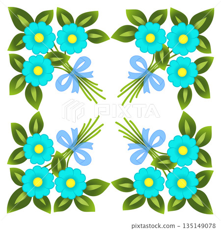 Bouquets of three blue flowers and ribbon. Spring blue flowers and green leaves. Bright florals mandala illustration. Square flowers design for bandana, scarf, greeting card Bouquets of three blue flowers and ribbon. Spring blue flowers and green leaves. Bright florals mandala illustration. Square flowers design for bandana, scarf, greeting card 135149078