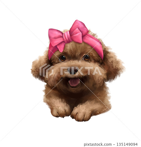 Isolated illustration of a small brown poodle or labradoodle puppy character wearing a large pink headband bow. Perfect for nursery decor, children's greeting cards, stickers, or pet-themed stationery 135149094