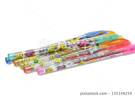 Several pens for schoolchildren with brightly colored bodies. Several pens for schoolchildren with brightly colored bodies. 135149259