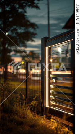 A high-tech gate featuring a fingerprint scanner and solar panels stands elegantly in a well-lit suburban area at night. The combination of metal and wood offers a sleek appearance 135149947