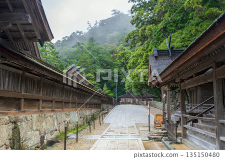 雨中的出雲大社，島根縣，神社主殿東側，聖柵外的景色。 135150480
