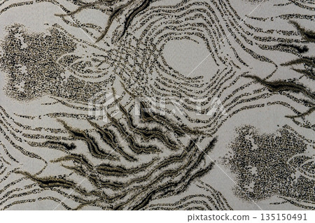 Light gray-olive jacquard fabric texture with metallic lurex and dark black abstract pattern, textile collection Light gray-olive jacquard fabric texture with metallic lurex and dark black abstract pattern, textile collection 135150491