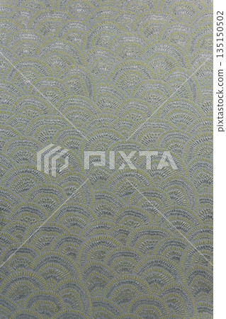 Gray-green brocade fabric texture with wave pattern and gold and silver lurex, textile collection Gray-green brocade fabric texture with wave pattern and gold and silver lurex, textile collection 135150502