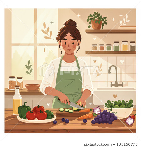 An illustration happy woman in an apron chopping fresh vegetables and fruits in her kitchen to prepare a healthy salad. A concept for healthy eating, wellness, and home cooking. Vector illustration 135150775