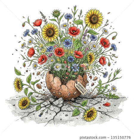 watercolor illustration of a Guerrilla Gardening seed bomb exploding with beautiful wildflowers like sunflowers and poppies, breaking through urban concrete to reclaim nature.. Vector illustration 135150776