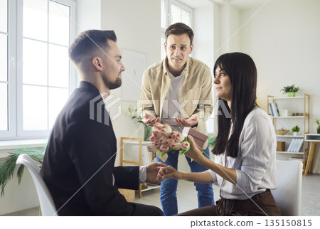 Emotional reactions in love triangle scene with jealousy tension at home Emotional reactions in love triangle scene with jealousy tension at home 135150815