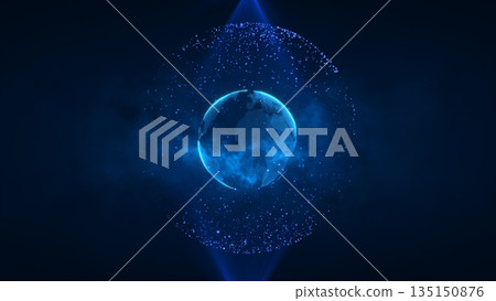Abstract blue planet earth spinning with futuristic high-tech particles bright glowing magical energy, abstract background 135150876