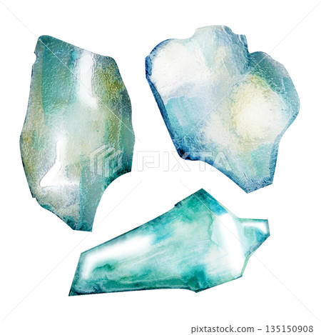 A set of different shapes of broken glass fragments. Watercolor illustration on an isolated background. Realistic clipart of green translucent shards. A set of different shapes of broken glass fragments. Watercolor illustration on an isolated background. Realistic clipart of green translucent shards. 135150908