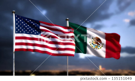 flags of america and mexico against a private evening sky with clouds 135151049