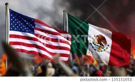 usa and mexico flags waving against a backdrop of smoke and a blurred crowd of people usa and mexico flags waving against a backdrop of smoke and a blurred crowd of people 135151053