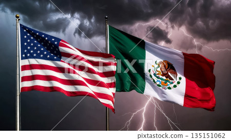 usa and mexico flags against bright lightning during a night thunderstorm usa and mexico flags against bright lightning during a night thunderstorm 135151062