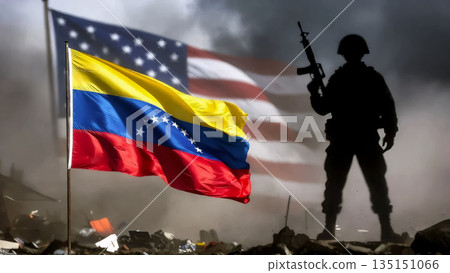 venezuela and usa flags against a background of smoke and a soldier's silhouette 135151066