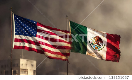 tattered flags of the usa and mexico against a background of city smoke tattered flags of the usa and mexico against a background of city smoke 135151067