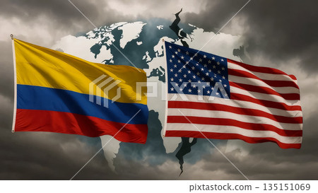 colombia and usa flags against a cracked world map background 135151069