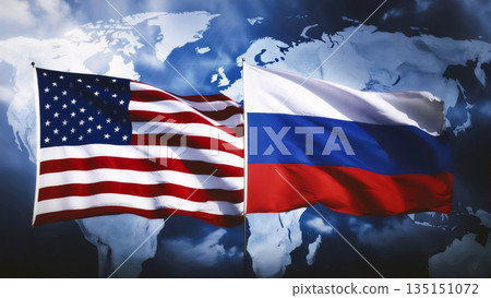 usa and russia flags against a blue world map background 135151072
