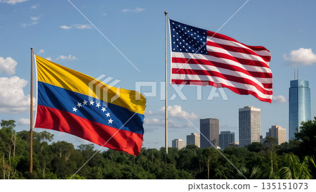 flags of venezuela and usa waving against a modern city skyline with tall skyscrapers and green trees under a blue sky 135151073