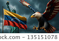 a giant bald eagle and the statue of liberty against the venezuelan flag and a dramatic stormy sky 135151078