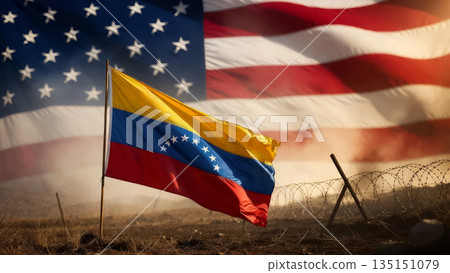venezuelan flag on a field with barbed wire against a blurred usa flag and bright light in a haze 135151079