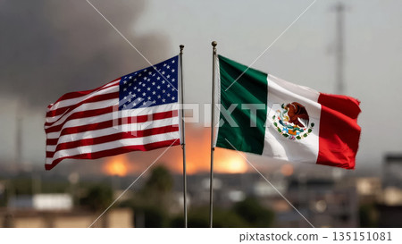 flags of the usa and mexico in the foreground against a heavy fire and thick black smoke in the city 135151081