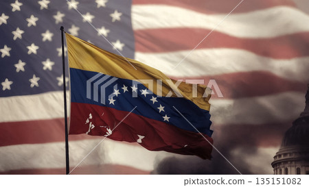 venezuelan flag against the background of the american flag and smoke venezuelan flag against the background of the american flag and smoke 135151082
