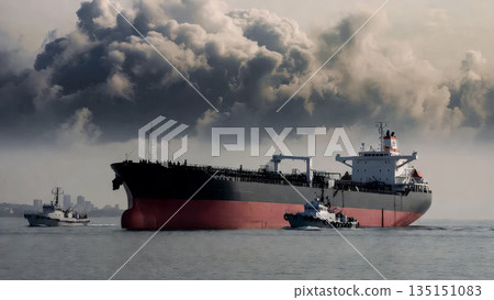 large oil tanker in the open sea with tugboats large oil tanker in the open sea with tugboats 135151083