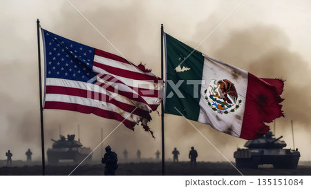 flags of the usa and mexico against the backdrop of tanks and smoke 135151084