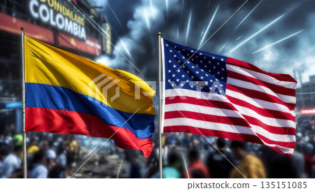 flags of colombia and the usa at a city event 135151085