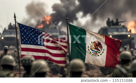 military conflict with flags of the usa and mexico military conflict with flags of the usa and mexico 135151086