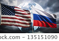 flags of the usa and russia against the backdrop of the globe 135151090