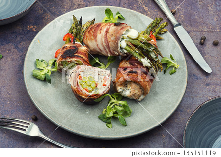 Asparagus with Meat on a Plate 135151119