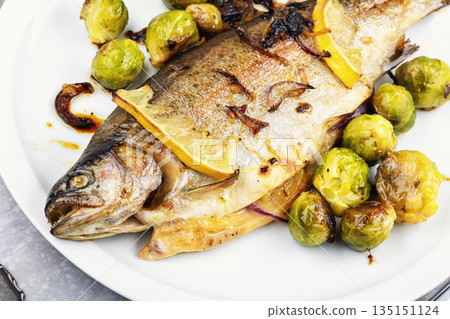 Fried Trout with Brussels Sprouts. Fried Trout with Brussels Sprouts. 135151124