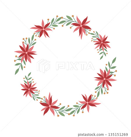 Christmas Wreath with Red Poinsettia Flowers and Green Leaves Festive Holiday Floral Frame for Cards and Invitations Christmas Wreath with Red Poinsettia Flowers and Green Leaves Festive Holiday Floral Frame for Cards and Invitations 135151269