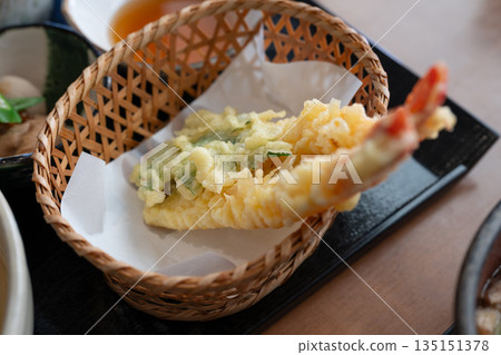 Shrimp and Vegetable Tempura Served in a Bamboo Basket Shrimp and Vegetable Tempura Served in a Bamboo Basket 135151378