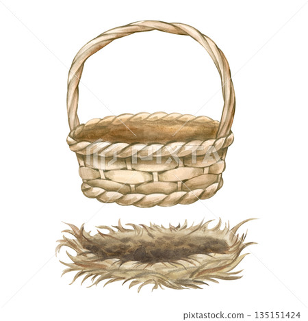 A monochrome set of empty wicker baskets with a handle and a round bird's nest. Watercolor illustration in beige on an isolated background. Realistic clipart in natural colors for rural areas and A monochrome set of empty wicker baskets with a handle and a round bird's nest. Watercolor illustration in beige on an isolated background. Realistic clipart in natural colors for rural areas and 135151424