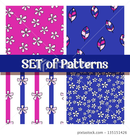 Bright Botanical Seamless Pattern Set with Vibrant Colorful Plant Inspired Elements 135151426