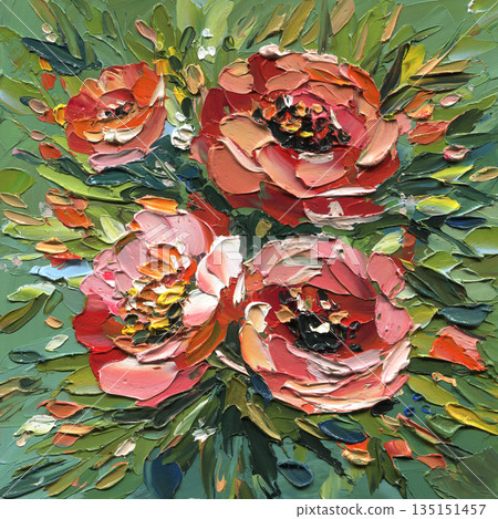 Peony flowers impasto bouquet with coral pink blooms and lush green leaves on textured background for romantic wall decor Peony flowers impasto bouquet with coral pink blooms and lush green leaves on textured background for romantic wall decor 135151457