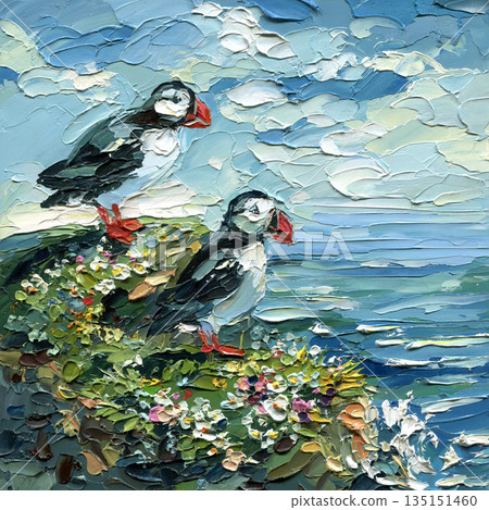 Puffin seabirds on coastal cliff above calm ocean under wide cloudy sky in cool blue textured impasto painting Puffin seabirds on coastal cliff above calm ocean under wide cloudy sky in cool blue textured impasto painting 135151460