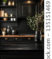 Black kitchen room background for zoom calls. Minimal dark room with wooden table in foreground 135151469