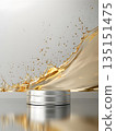 silver podium on background with oil splashes. banner for holidays. Stand for displaying good. 135151475