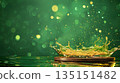 green podium on background with oil splashes. banner for holidays. Stand for displaying good. 135151482