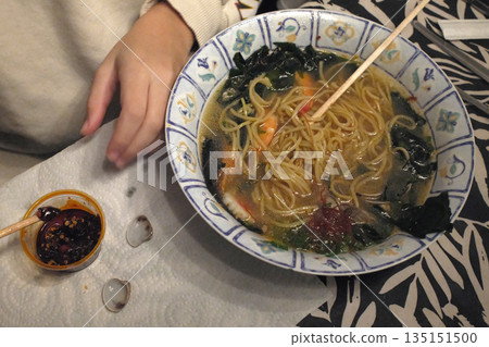 Steaming Hot Bowl of Traditional Japanese Ramen Steaming Hot Bowl of Traditional Japanese Ramen 135151500