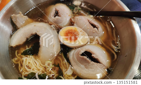 Steaming Hot Bowl of Traditional Japanese Ramen 135151581