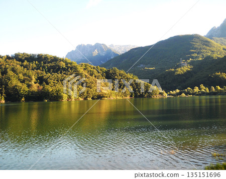 Beautiful lake surrounded by lush greenery in the Tuscan countryside, Italy. Scenic rural landscape with calm water, rolling hills, and natural vegetation, capturing the peaceful and idyllic 135151696