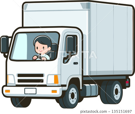 Illustration of a white truck and driver 135151697